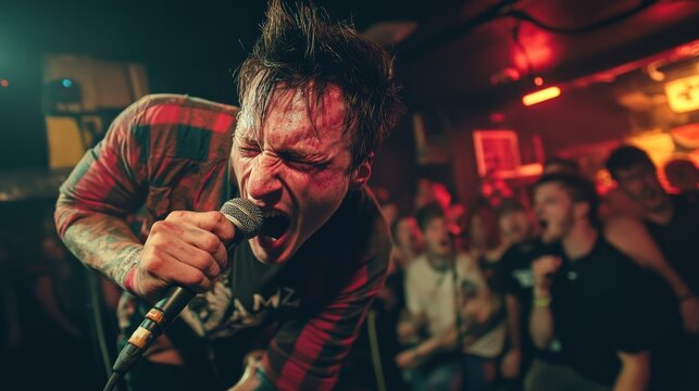 The hardcore punk singer captivates the crowd with intense vocals, surrounded by a vibrant audience in a dimly lit underground venue, reflecting the raw energy of the live performance