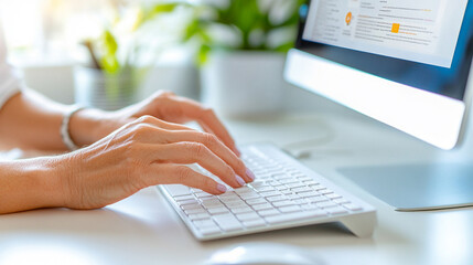 
Elderly woman practicing touch typing on a keyboard, computer skills, 