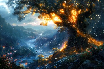 Fototapeta premium ancient magical tree glowing with golden light by a tranquil river in a mystical forest at twilight