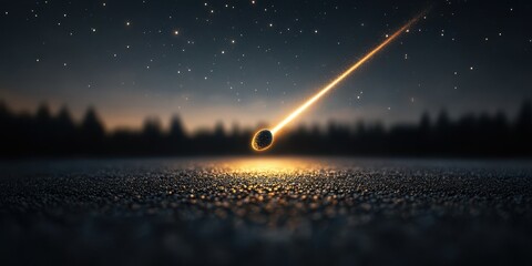 Dramatic night sky with a glowing meteor streaking down and casting light on a textured foreground, surrounded by a forest silhouette.