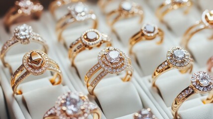 A display of elegant gold rings adorned with sparkling gemstones.