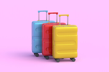 Row of travel suitcases on pink background. Bag for luggage. Abroad trip. Accessories for vacation. 3d render