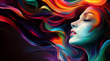 Colorful abstract portrait of woman with flowing hair and vibrant colors