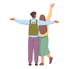 Boyfriend and girlfriend back, isolated couple with bag traveling. Vector flat cartoon character, isolated man and woman walking and stretching hands. Date or romantic meeting of friends