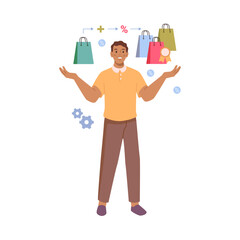 Man investigating purchase decision process, consumer behavior research. Vector marketing and competitor strategy, man choosing product to buy. Guy with shopping bags, sales research habit