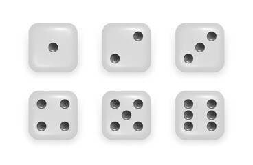 Cubes with dots for board games, gambling and poker, casino or entertainment. Vector isolated front view of set of dices with random numbers. Gaming design, choice and betting, risk and victory