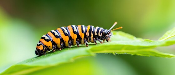 Naklejka premium A colorful caterpillar with distinctive black and orange stripes resting on a green leaf, showcasing nature's intricate details in a summer garden setting.