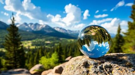 Crystal-clear ball on a rock, reflecting an inverted alpine landscape with bright sunlight and clear blue skies, offering a magical view of nature