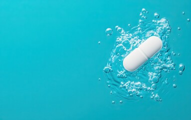 A single white capsule floating on a turquoise water surface, creating gentle ripples and bubbles around it, symbolizing health and wellness.