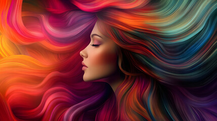 vibrant and colorful abstract portrait showcasing flowing hair and expressive features