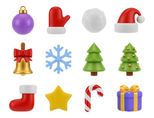 Xmas holiday decoration and accessories. Vector isolated set of santa claus sock for present, mittens and hat. Bauble for tree, pine and candy stick, bell with ribbon, snowflake and present