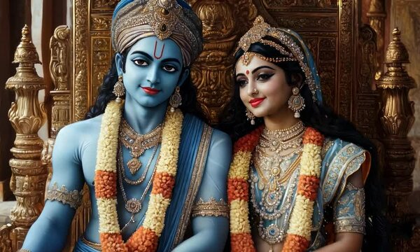 Prince Rama and Princess Sita sit on the throne in Ayodhya