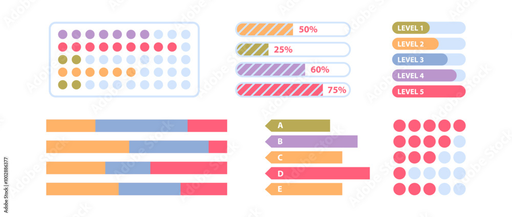 Poster Charts and progress bars diagrams for reports or business documentation. Vector isolated set of structured information, presentation or economy analysis. Percentage and statistics with info