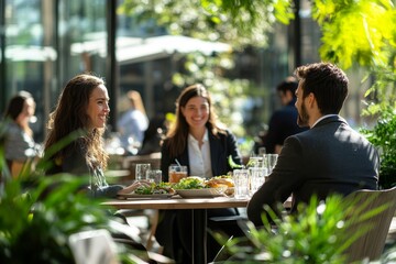 Happy business people having a lunch break outside office, Generative AI