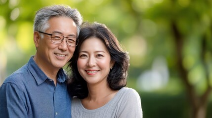 Happy couple enjoying a sunny day together outdoors with greenery in the background.