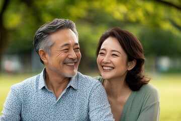 Obraz premium Happy couple enjoying a moment together in nature, smiling and sharing a joyful experience.
