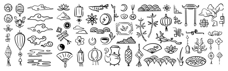 Asian ornaments and chinese elements. Vector isolated sketch outline of paper lanterns and clouds, tea ceremony pot and cup, bamboo tree and temple gate. Dragon and bell, mountains and nature