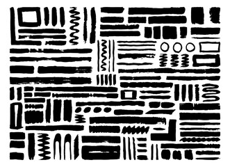 Black brush strokes paint texture element collection. Lines, zigzag, circle, curve, and square shapes hand drawn brushes. Abstract freehand ink design.