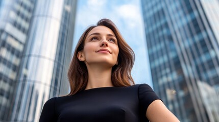 Confident young woman standing in front of modern skyscrapers, symbolizing ambition and success in a corporate environment.