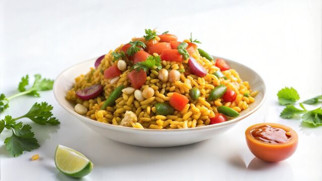 Bhel Puri: A Popular Indian Snack Served with Chopped Tomatoes, Green Chillies, and Coriander Leaves






