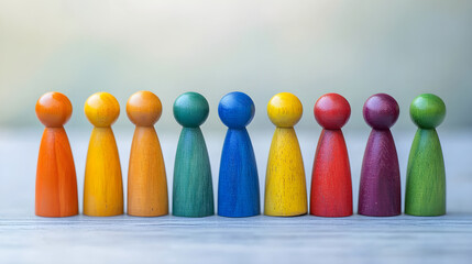 Colorful array of wooden figurines lined up in row, showcasing vibrant hues