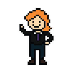 Obraz premium Cartoon cute pixel cartoon 8bit character business man businessman smart work game for decoration business 8 bit male career smart character game png vector.