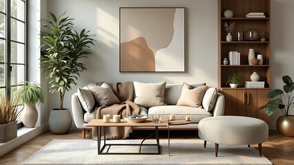 Modern living room interior with a cozy white sofa, textured pillows, and a wooden coffee table. Decor includes potted plants, abstract artwork, and natural elements. Stylish home decor. Template.
