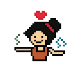 Cute cartoon pixel character cute woman exercises training dance lifestyle music decoration life style 8 bit female girl dance with music game fitness isolated PNG vector.