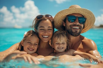 Obraz premium Happy family with little son enjoying time in sea in exotic country, Generative AI