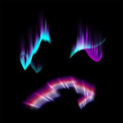 Aurora borealis set, isolated solar wind, streams of charged particles emitted by sun. Vector realistic polar light effects with various colors gradient glowing in dark sky, north pole nature