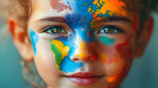 child with brightly painted face showcasing colorful world map