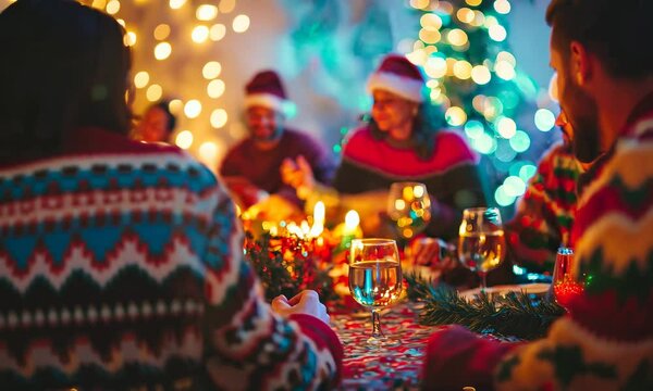 Family dinner with friends in Christmas sweaters
