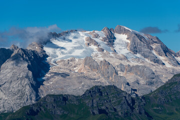 View of Marmolada glacier, snow covered highest peak of Dolomites