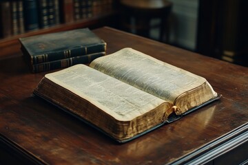 Obraz premium Bible on a wooden desk, Generative AI