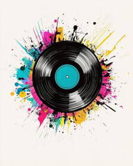 Obraz premium Vibrant vinyl record with colorful paint splashes on a white background celebrating music's energy
