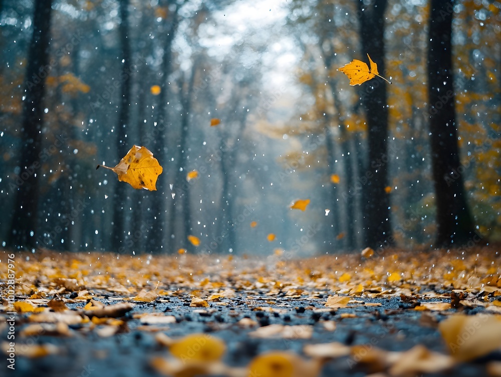 Wall mural landscape autumn rain drops splashes in the forest background, october weather landscape