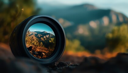 Photography lens reflecting a majestic mountain scene, sharp focus on the lens with the blurred landscape in the background, highlighting creative vision