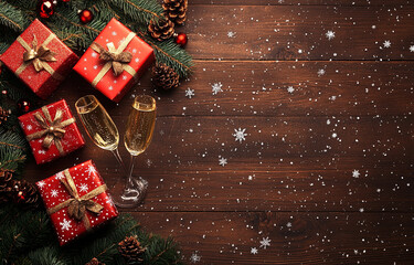 
Christmas and New Year background with champagne glasses, gifts, snowflakes, 