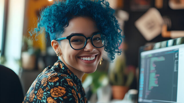 person with blue hair and glasses smiles while working at computer