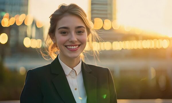 A confident, positive female entrepreneur. A young happy and pretty smiling, professional business woman stands on the street and looks at the camera