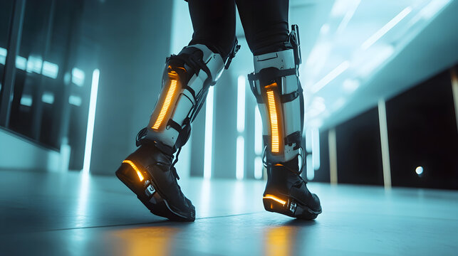 person wearing high tech exoskeleton with glowing elements, showcasing advanced technology
