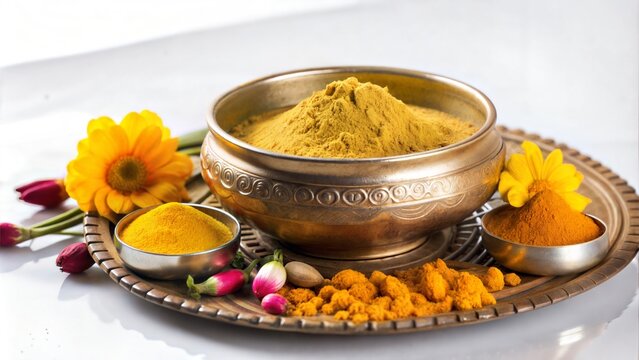 Abhyanga Snan on the First Day of Diwali: A Special Herbal Bath Using Ubtan (Herbal Powder) for Bathing and Scrubbing, Celebrated During the Diwali Festival, with Selective Focus






