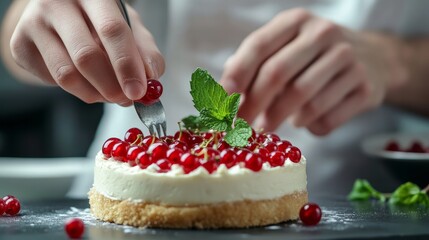 close-up of a pastry chef's hands adorning a cake with a mint leaf and redcurrants before serving.
