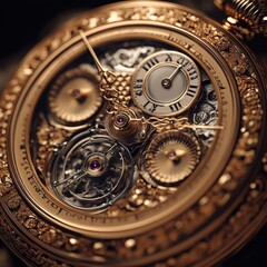 Obraz premium Craft a digital art piece presenting a close-up of a vintage golden pocket watch, showcasing its luxurious intricacies in a mesmerizing way