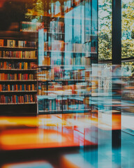 A vibrant atmosphere in a modern bookstore with sunlight filtering through large windows