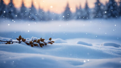 Snowy winter scene with branch of leaves, calm and dreamy atmosphere, soft colors, background image