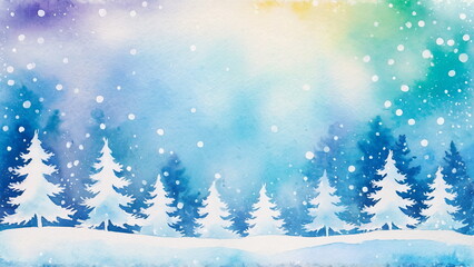 Naklejka premium Winter landscape with snow-covered trees, calm atmosphere, watercolor style, cool colors, background design