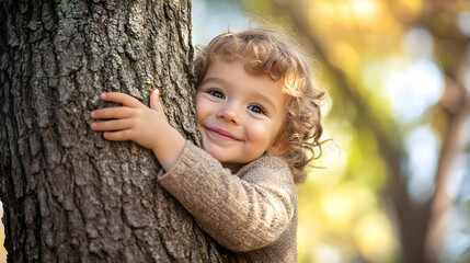 joyful child hugging tree, expressing love for nature