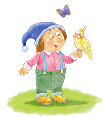 Our favorite pets. A cute and funny gnome with his favorite parrot. Cockatiel. Illustration for children. Cute and funny cartoon characters. Character design. 