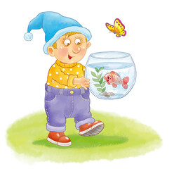 Our favorite pets. A cute and funny gnome with his favorite aquarium fish . Illustration for children. Cute and funny cartoon characters. Character design. 